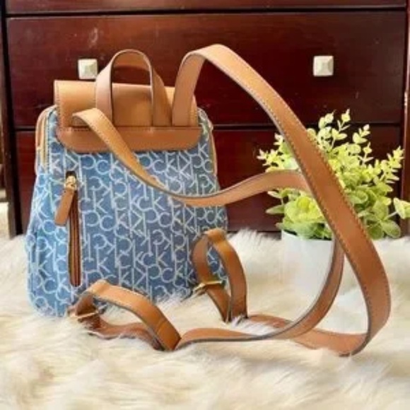 Calvin Klein Elaine Monogram Logo Denim & Brown Faux Leather Mini Backpack - Picture 2 of 14
